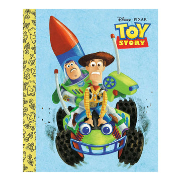 Toy Story book cover with Buzz Lightyear and Woody on a vehicle against a blue background